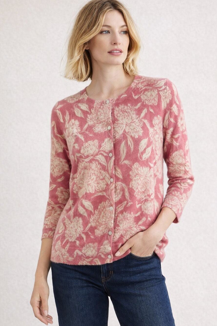 Talbots Petites 100% Cashmere Pink Ivory Floral Cardigan Sweater Size Large